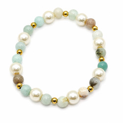 Bransoletka z kamieni naturalnych Stal 316L [ amazonit + perła szkło 8 mm ] - BRAN12075